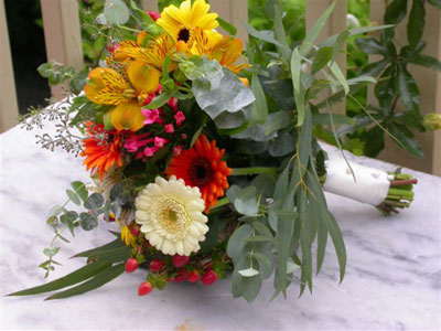 Posy Style Wedding Bouquet of seeded eucalyptus, alstromaeria, germinis, hypericum, bouvardia, assorted eucs