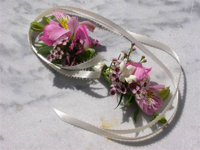 Wedding Wrist Corsage of alstro, stephanotis, waxflower