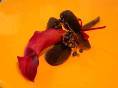 Wedding Boutonniere of dwarf calla, viburnum berry
