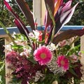 European Handtied Bouquet of tropical foliages, gladioli, alstro, gerberas, Joe Pye weed, seeded eucalyptus