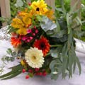 Posy Style Wedding Bouquet of seeded eucalyptus, alstromaeria, germinis, hypericum, bouvardia, assorted eucs
