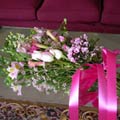 Presentation Style Wedding Bouquet  of roses, alstro, larkspur, phlox, dwarf callas, waxflower